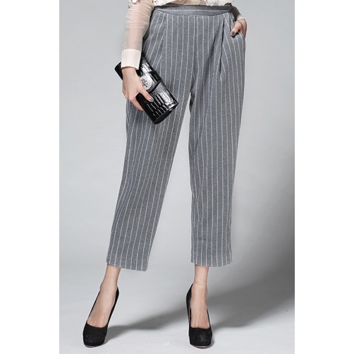 Striped Pockets Loose Ankle-length Pants