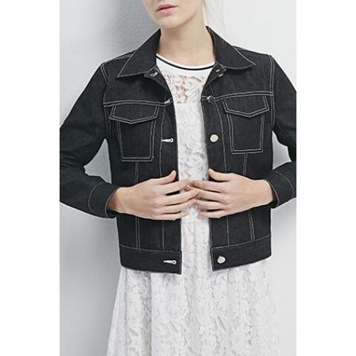 Contrast Collar Pockets Denim Jacket