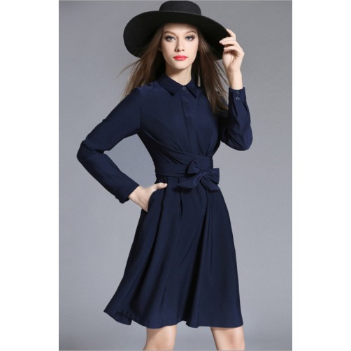 Contrast Collar Long Sleeves Bow Dress