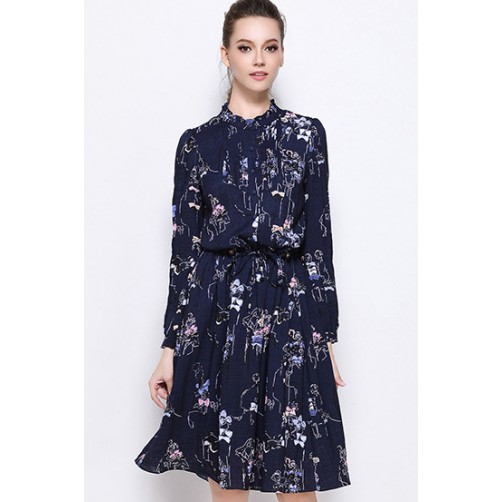 Print Drawstring Waist Shirt Dress