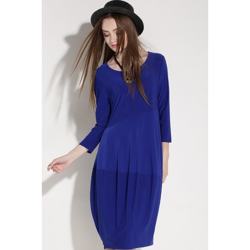 Royal Round Neck Pockets Smock Dress