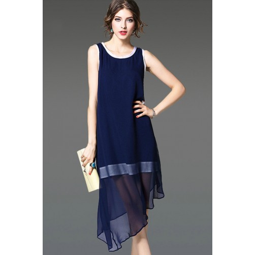 Dark Sleeveless Asymmetrical Hem Silk Dress