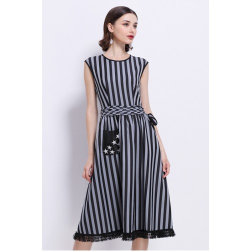 Lace Trim Pockets Striped Dress