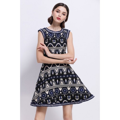 Dark Navy EmbroideA-Line Dress