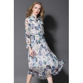 Bow Collar Floral Pleated Dress