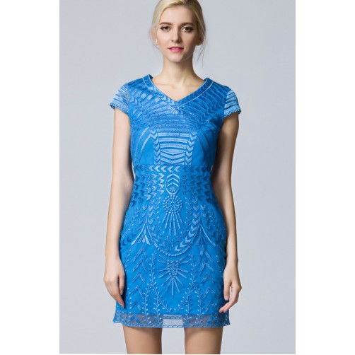 V Neck EmbroideSheath Dress