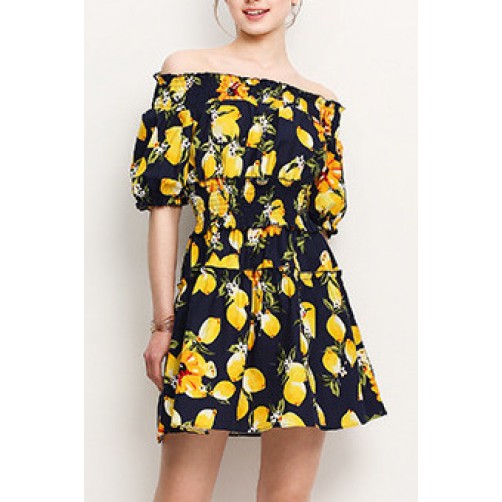 Dark Navy Boat Neck Floral Dress