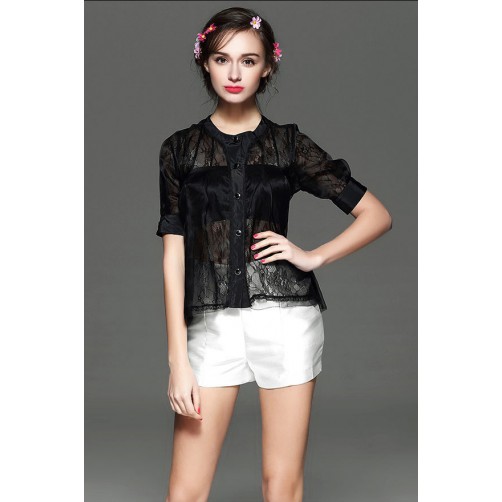 Lace Organza Button Down Blouse