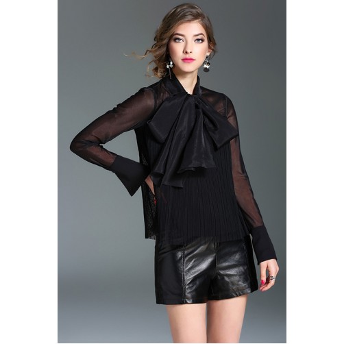 Sheer Long Sleeves Bow Blouse