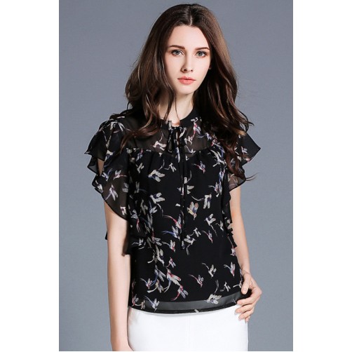 Print Ruffles Casual Chiffon Blouse